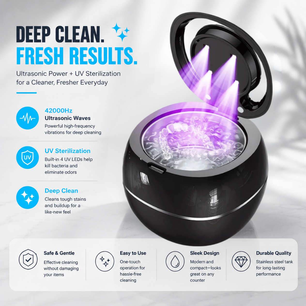 Orivati Ultrasonic Cleaner with dentures in cleaning solution