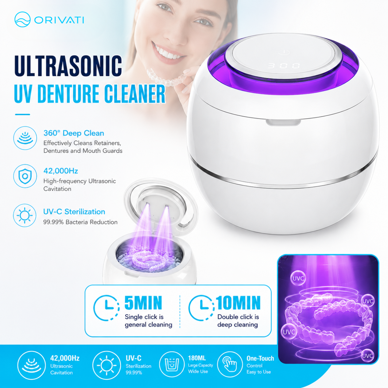 Orivati ClarityPod Ultrasonic Oral Appliance Cleaner with UV-C